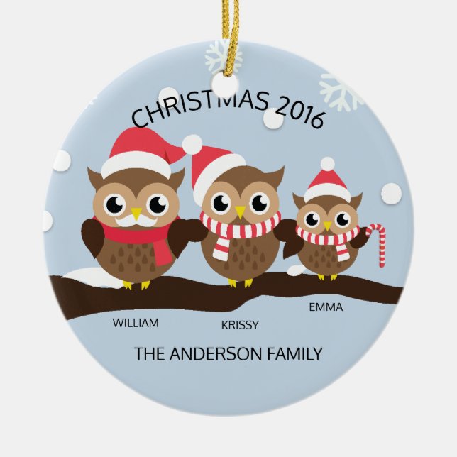CUTE Personalized Owl Family Of 3 Christmas Ceramic Ornament (Front)