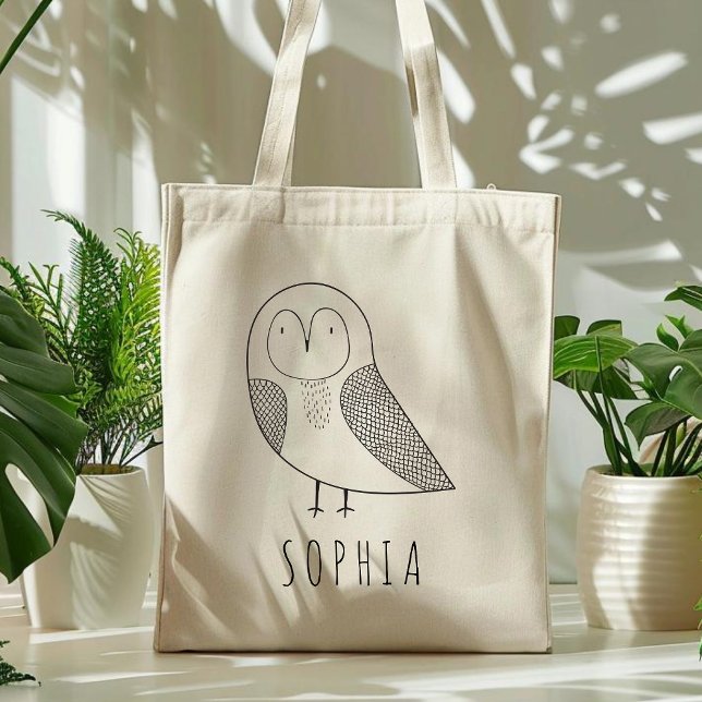 Cute Personalized Owl Kids Black White Tote Bag (Creator Uploaded)