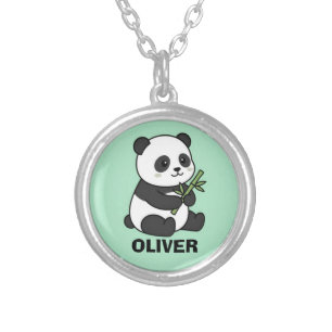 Cute Personalized Panda with Bamboo Kids Necklace