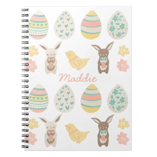 Cute Personalized Pastel Eggs Easter Bunny Notebook (Front)