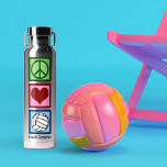 Cute Personalized Peace Love Volleyball Player Water Bottle<br><div class="desc">Peace Love Volleyball water bottle for a sporty girl. A cute gift featuring a peace sign,  heart,  and a person on swim team with your name personalized underneath.</div>
