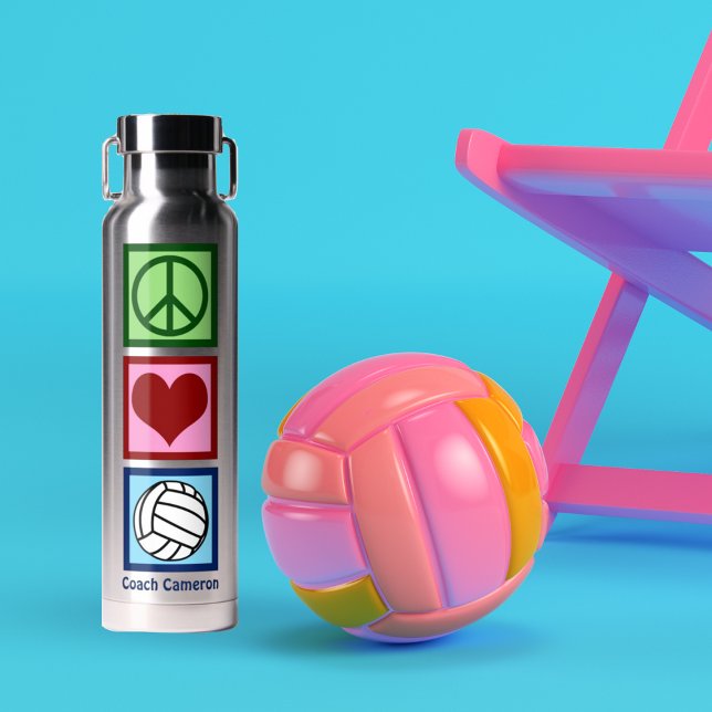 Cute Personalized Peace Love Volleyball Player Water Bottle (Creator Uploaded)