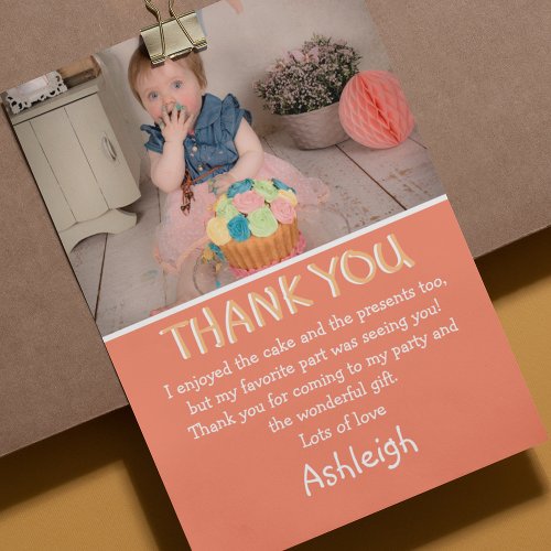 Cute Personalized  Peach Photo Flat Thank You Card