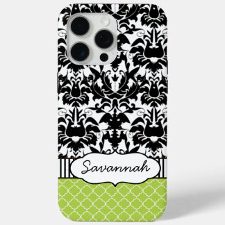 Cute Personalized Peapod Lime Stripe and Damask iPhone 15 Pro Max Case