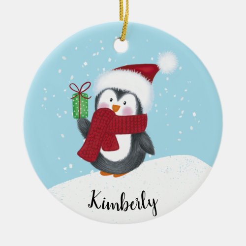 Cute Personalized Penguin Christmas Ceramic Ornament