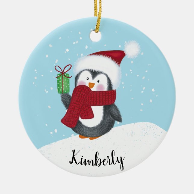Cute Personalized Penguin Christmas Ceramic Ornament (Front)