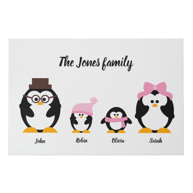 Cute Personalized Penguin Family Tree Portrait Faux Canvas Print (Front)