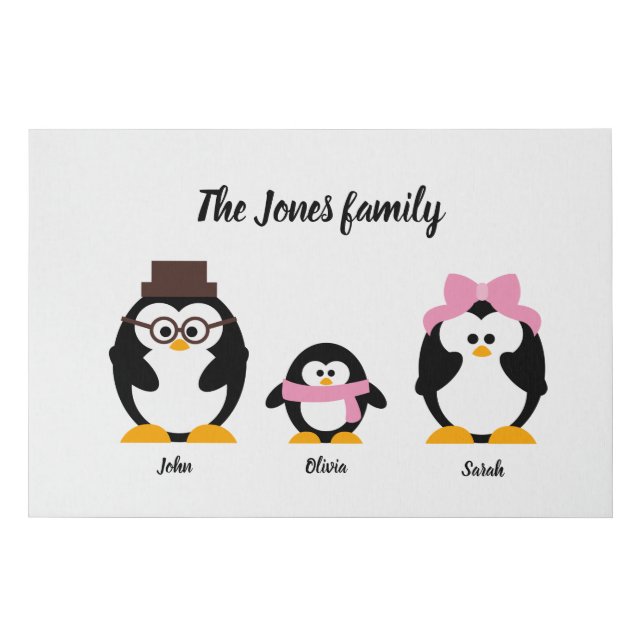 Cute Personalized Penguin Family Tree Portrait Faux Canvas Print (Front)