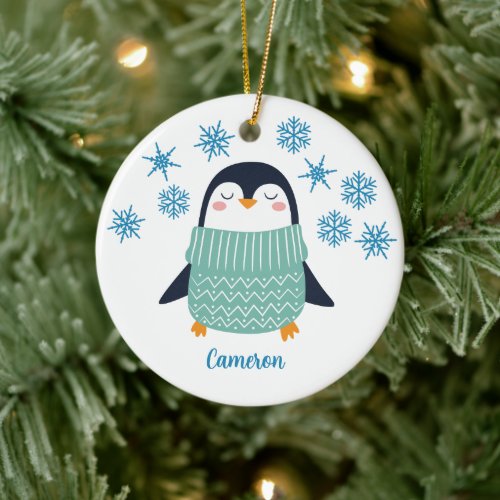 Cute Personalized Penguin Snowflake Kids Christmas Ceramic Ornament