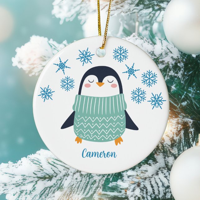 Cute Personalized Penguin Snowflake Kids Christmas Ceramic Ornament (Creator Uploaded)