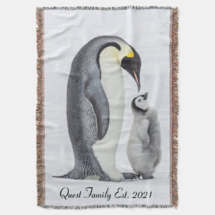 Cute Personalized Petting Penguin and Chick Throw Blanket