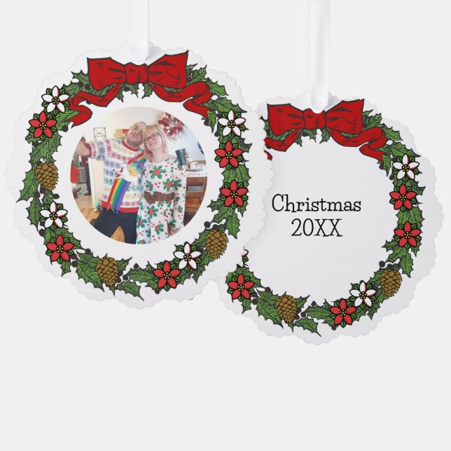 Cute Personalized Photo Christmas Wreath Ornament Card (Front/Back)
