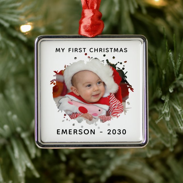 Cute Personalized Photo Name Year First Christmas Metal Ornament (Tree)