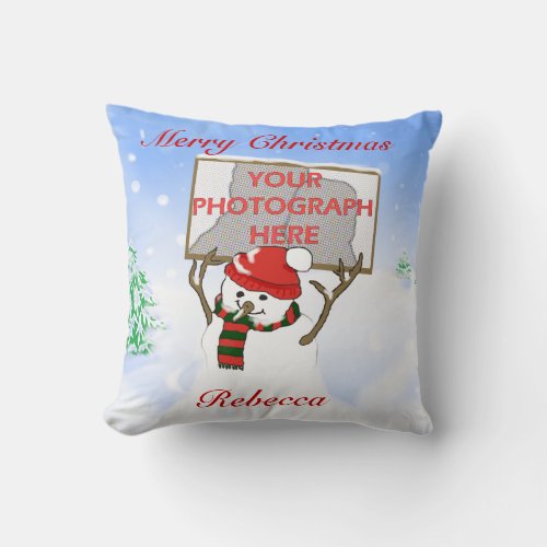 Cute Personalized Photo Snowman Xmas Throw Pillow