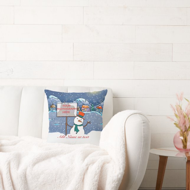 Cute personalized photo Xmas Snowman Christmas Throw Pillow (Couch)