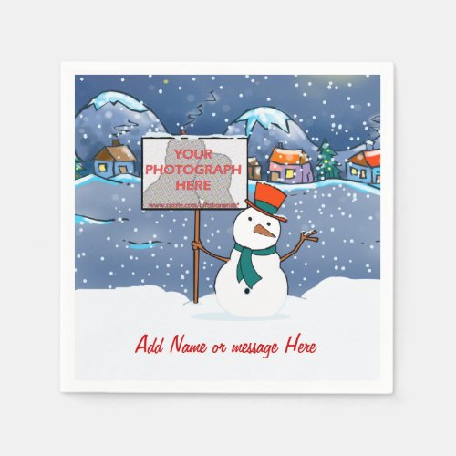 Cute personalized photo Xmas Snowman Paper Napkins