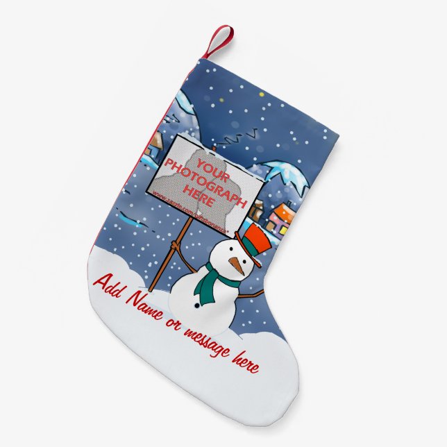 Cute personalized photo Xmas Snowman Small Christmas Stocking (Front (Hanging))