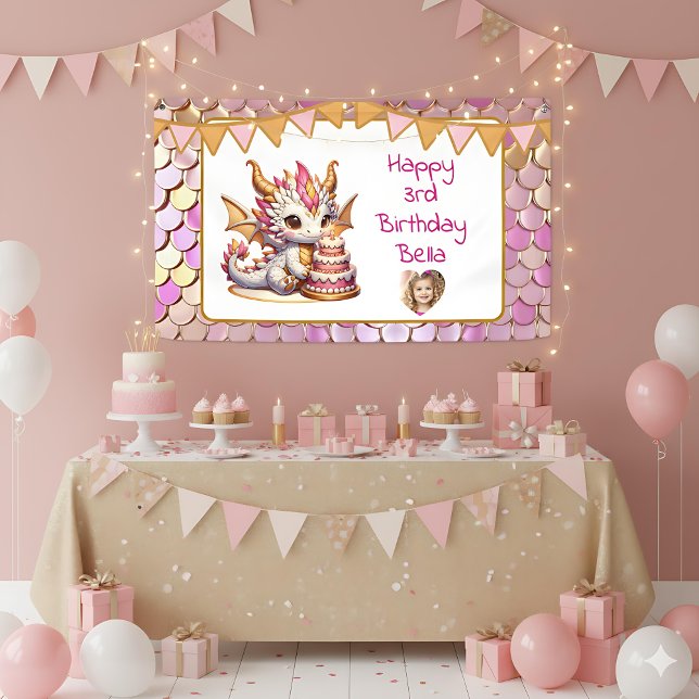 Cute Personalized Pink and Gold Dragon Birthday  Banner (Creator Uploaded)