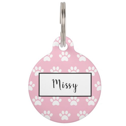 Cute Personalized pink and white paw print Pet ID Tag