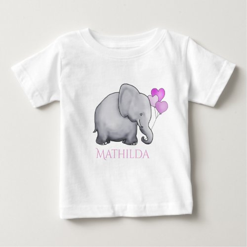 Cute Personalized Pink Baby Elephant with Balloons Baby T_Shirt