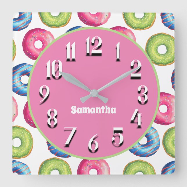Cute Personalized Pink Blue Green Doughnuts Square Wall Clock (Front)