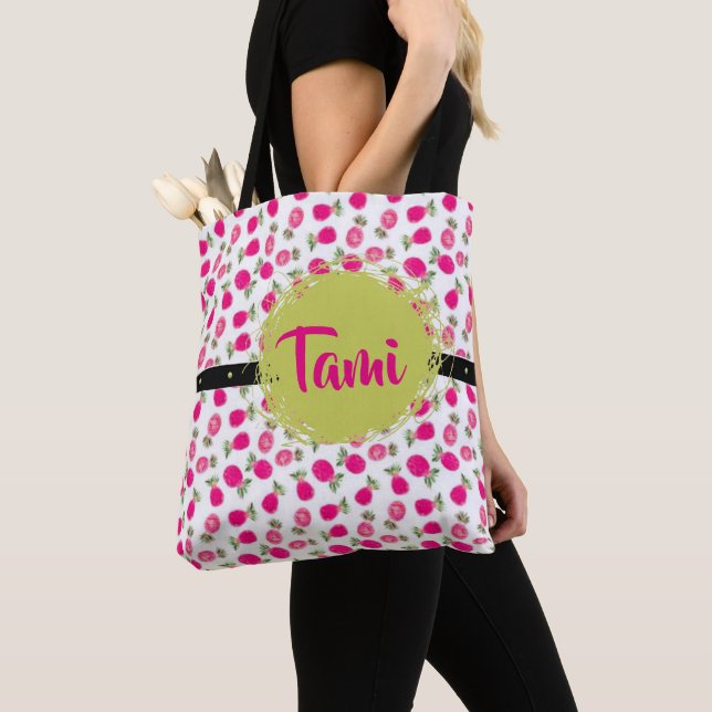 Cute Personalized Pink Floral Pattern Tote Bag (Close Up)