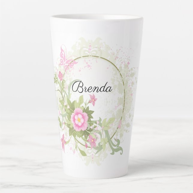 Cute Personalized Pink Floral Wreath Latte Mug (Front)