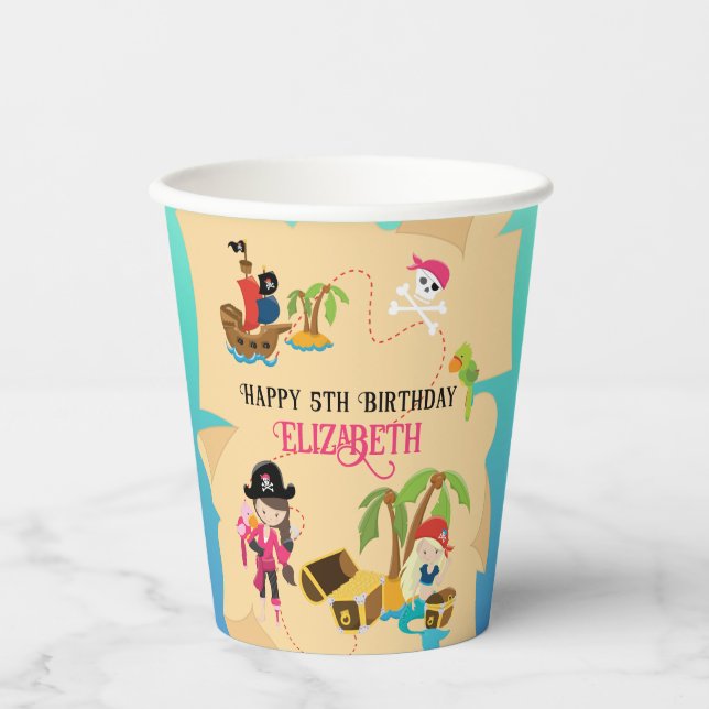 Cute Personalized Pink Girl Pirate Birthday Party Paper Cups (Front)