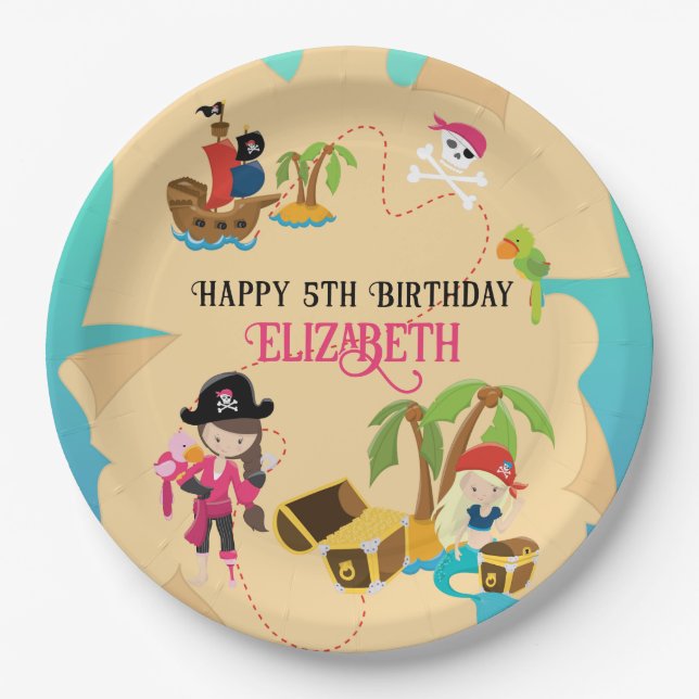 Cute Personalized Pink Girl Pirate Birthday Party Paper Plates (Front)