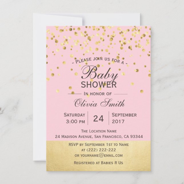 Cute Personalized Pink Gold Baby Shower Invites (Front)