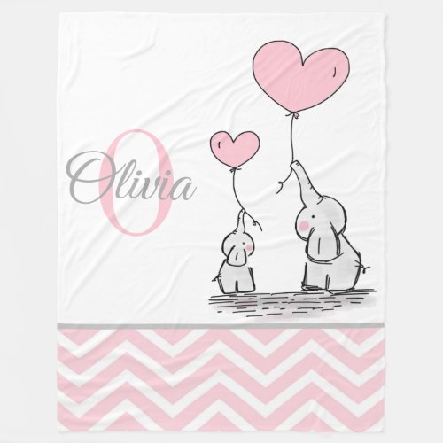 Cute Personalized Pink Grey Elephant Chevron Baby Fleece Blanket