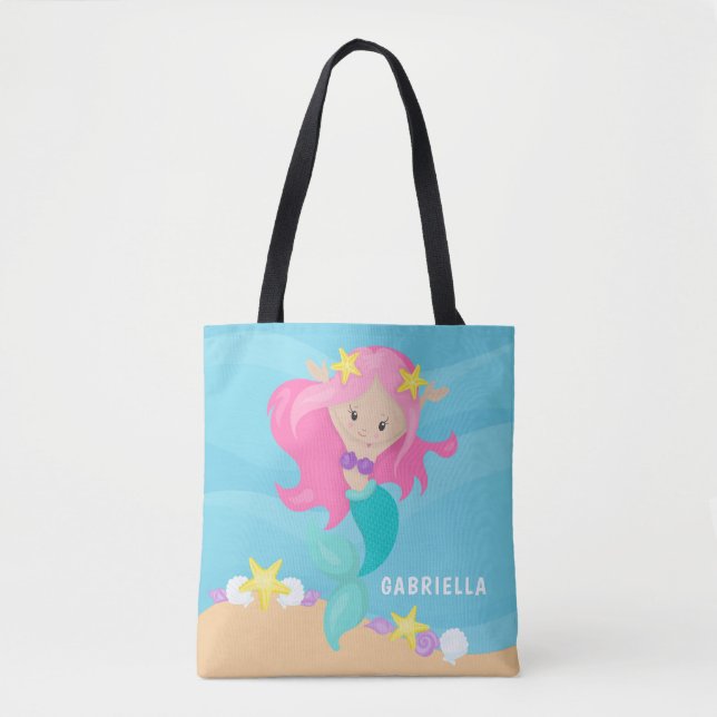 Cute Personalized Pink Mermaid Tote Bag (Front)