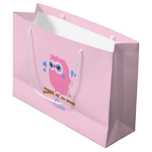 Cute Personalized PInk Owl Gift Bag (Front Angled)
