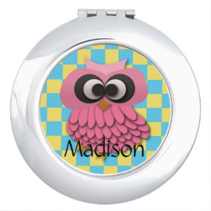 Cute Personalized Pink Owl on Blue and Yellow Compact Mirror