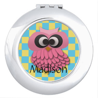 Cute Personalized Pink Owl on Blue and Yellow Compact Mirror