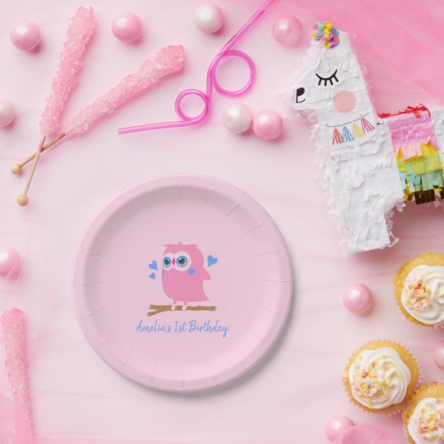Cute Personalized Pink Owl Paper Plates (Party)