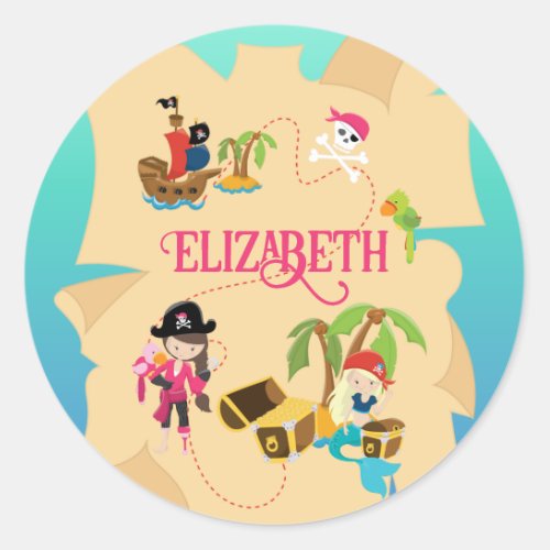 Cute Personalized Pink Pirate Girl Classic Round Sticker