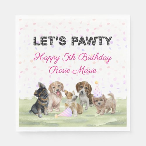 Cute Personalized Pink Puppy Dog Birthday Party Napkins