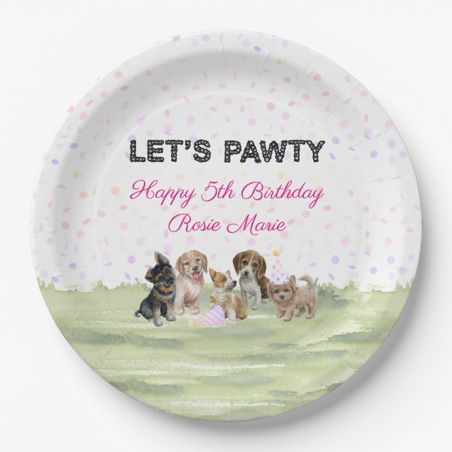 Cute Personalized Pink Puppy Dog Birthday Party Paper Plates (Front)