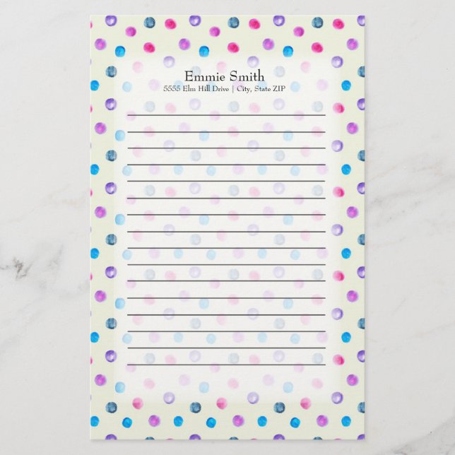 Cute Personalized Pink Purple Blue Dots on White Stationery (Front)