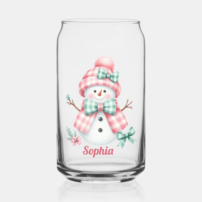 Cute Personalized Pink Snowman  Can Glass (Front)