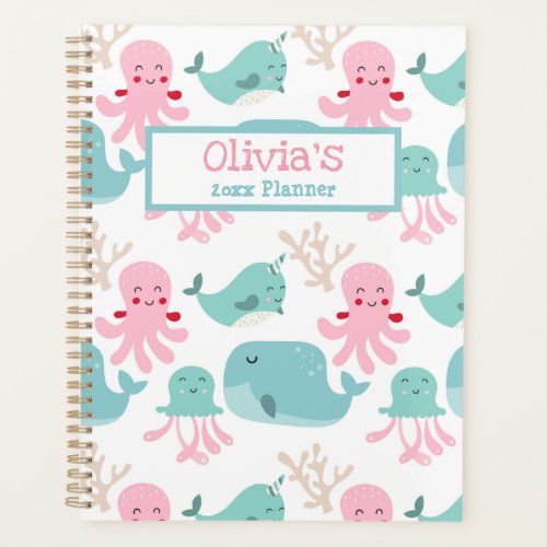 Cute Personalized Pink Turquoise Sea Animals Planner