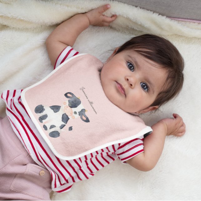 Cute personalized pink watercolor cow baby bib (Creator Uploaded)