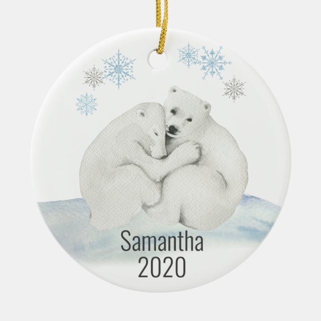 Cute Personalized Polar Bear Cub Watercolor Ceramic Ornament (Front)