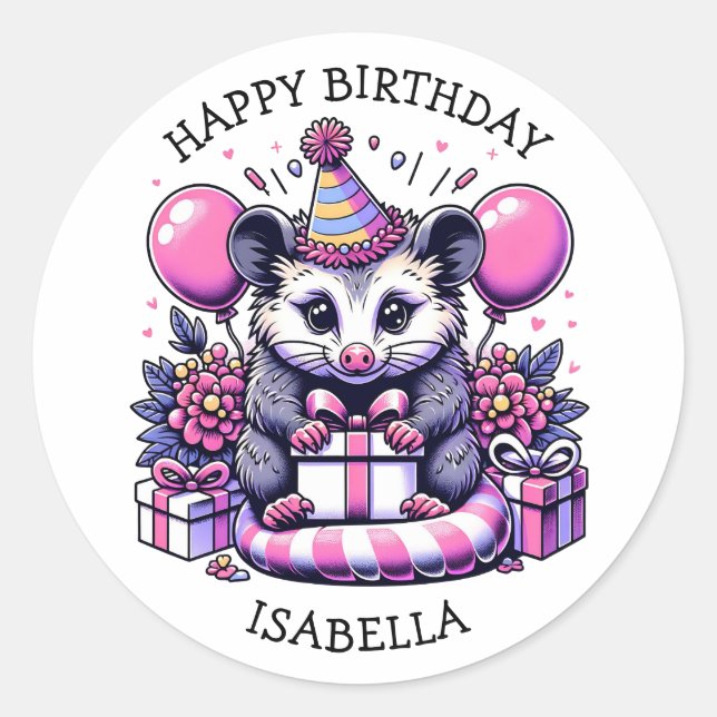 Cute Personalized Possum Girl's Birthday Party   Classic Round Sticker (Front)