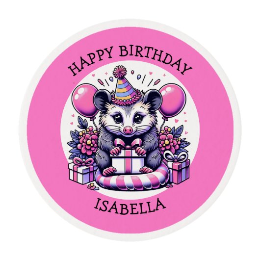 Cute Personalized Possum Girl's Birthday Party   Edible Frosting Rounds (Front)