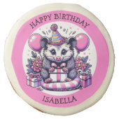 Cute Personalized Possum Girl's Birthday Party Sugar Cookie (Front)
