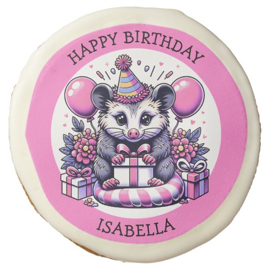 Cute Personalized Possum Girl's Birthday Party Sugar Cookie (Front)