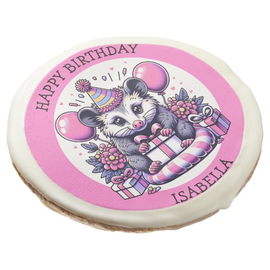 Cute Personalized Possum Girl's Birthday Party Sugar Cookie (Angled)