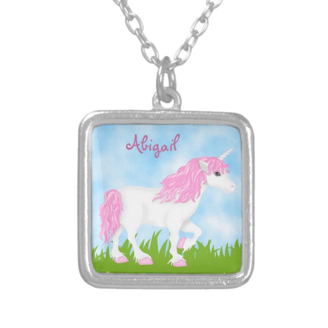 Cute Personalized Pretty Pink and White Unicorn Silver Plated Necklace (Front)